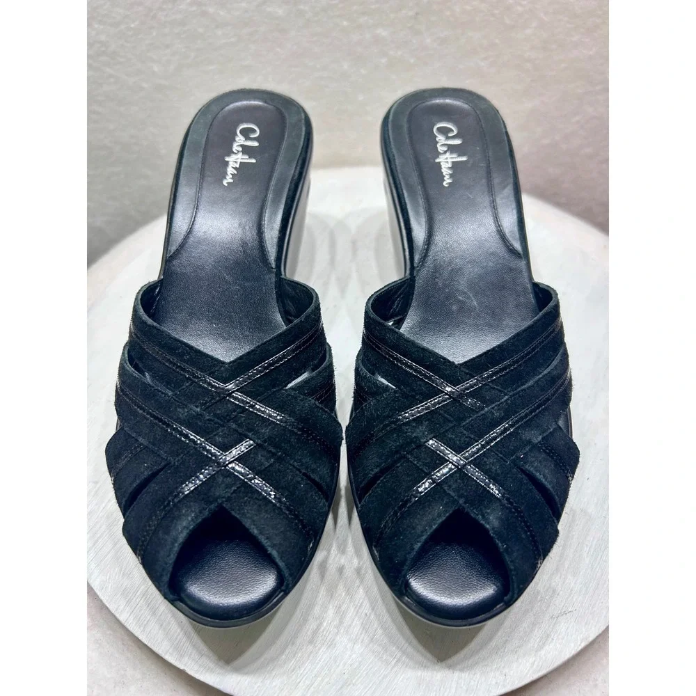 Cole Haan Black Suede Patent Leather Platform Wedge Sandals 8AA D22311